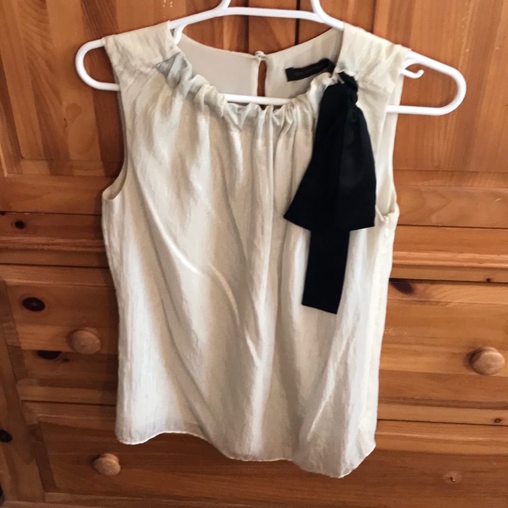 Silky shimmery cream blouse with black neck tie